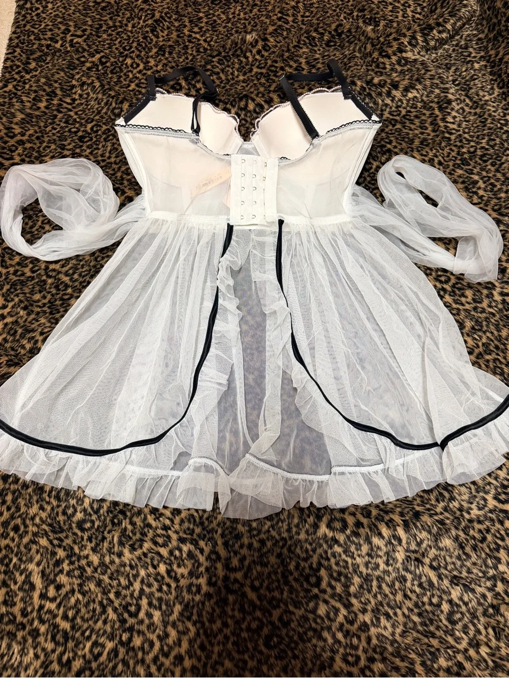 NWT Victoria Secret Sheer White & Pink Babydoll Lingerie with Black Trim